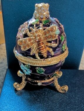 Source Unknown Purple and Gold Jeweled Bee Egg Trinket Box